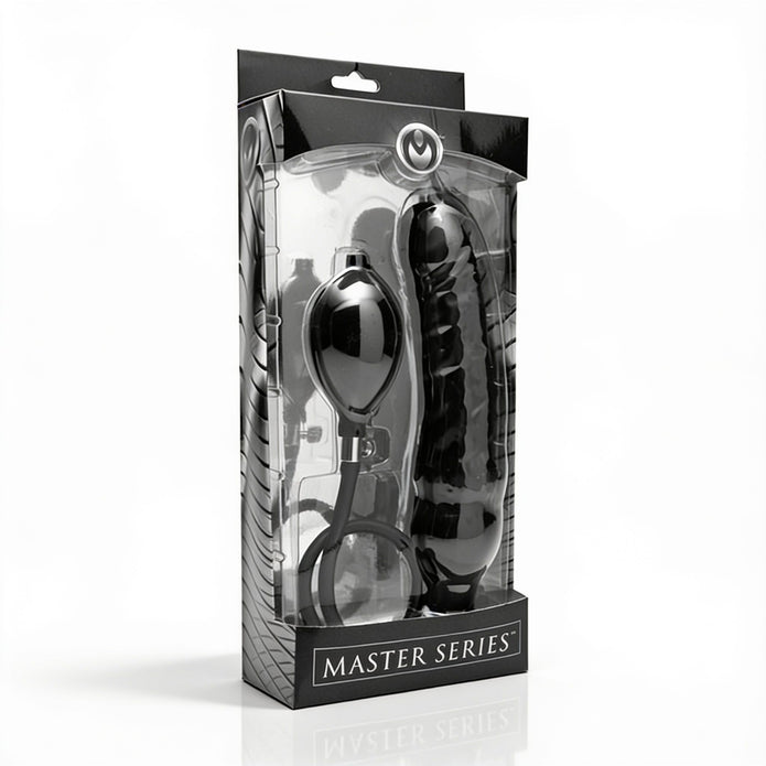 Retail packaging displaying a black inflatable dildo with inflation pump, designed for adjustable girth expansion and textured stimulation