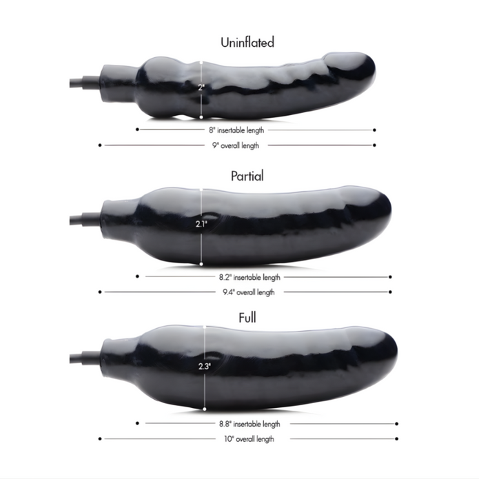 Infographic showing the Primal Inflatable Dildo in deflated, partially inflated, and fully inflated states with corresponding length and diameter measurements