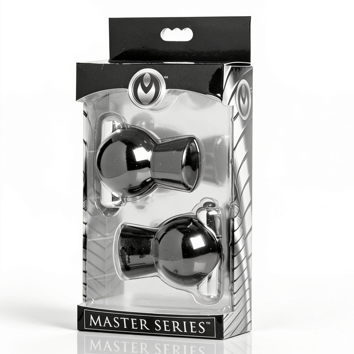 Retail packaging for a set of black vibrating nipple suckers with chrome bullet vibrators displayed inside a clear-front box.