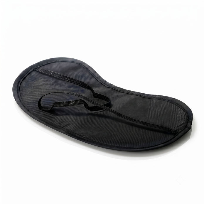 Back view of a black satin blindfold featuring a soft fabric construction and elastic strap for a secure and comfortable fit