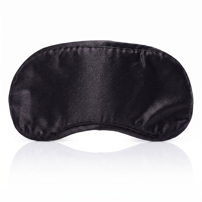 Black satin blindfold with a smooth, silky exterior designed to provide comfortable light blocking during sensory experiences, relaxation, or sleep
