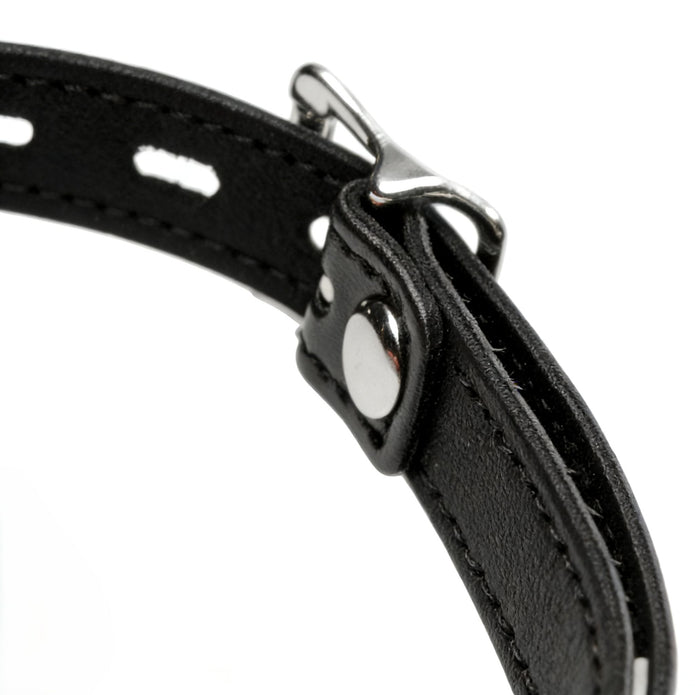 Close-up of the adjustable black faux leather strap and metal buckle closure designed for a secure and customizable fit