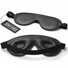 Strict Leather padded blindfold in black faux leather featuring a contoured shape, cushioned interior, and adjustable elastic strap shown from front and back views