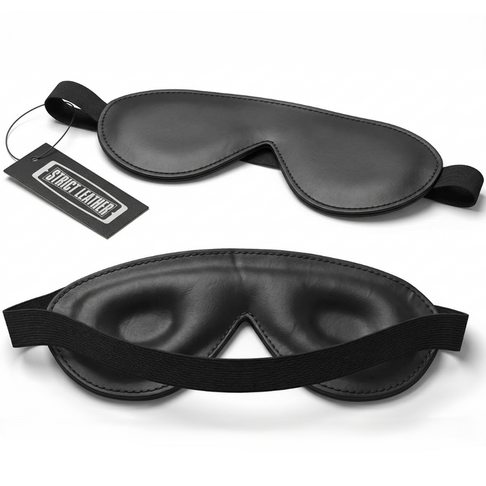 Strict Leather padded blindfold in black faux leather featuring a contoured shape, cushioned interior, and adjustable elastic strap shown from front and back views