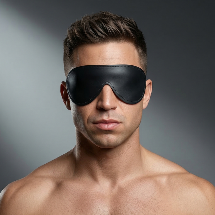 Male model wearing the Strict Leather padded blindfold featuring a soft padded design and secure elastic strap for comfortable sensory play