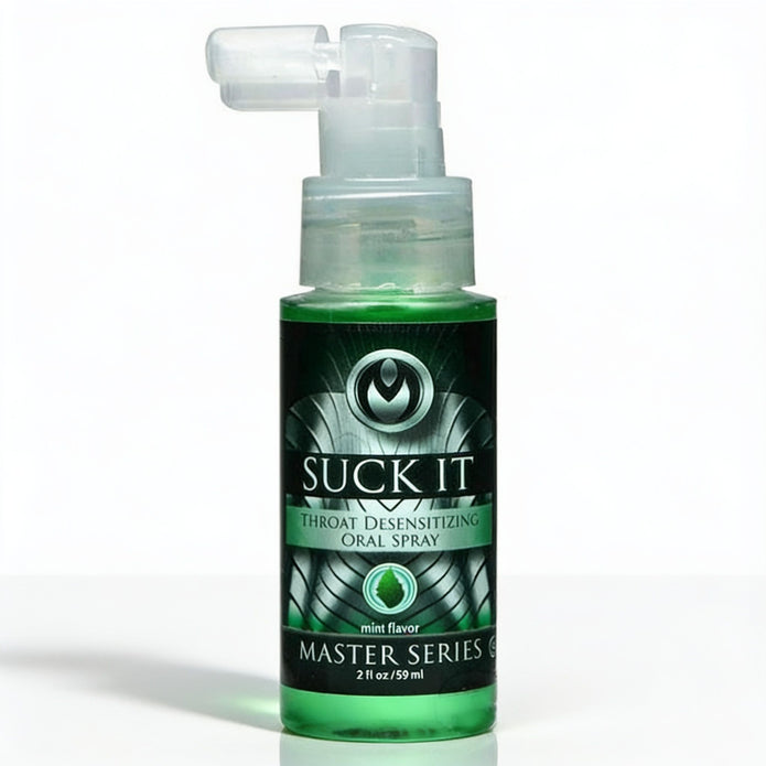Suck It Deep Throat Desensitizing Oral Spray in a 2 oz bottle with angled spray nozzle and mint flavor formula displayed on a white background