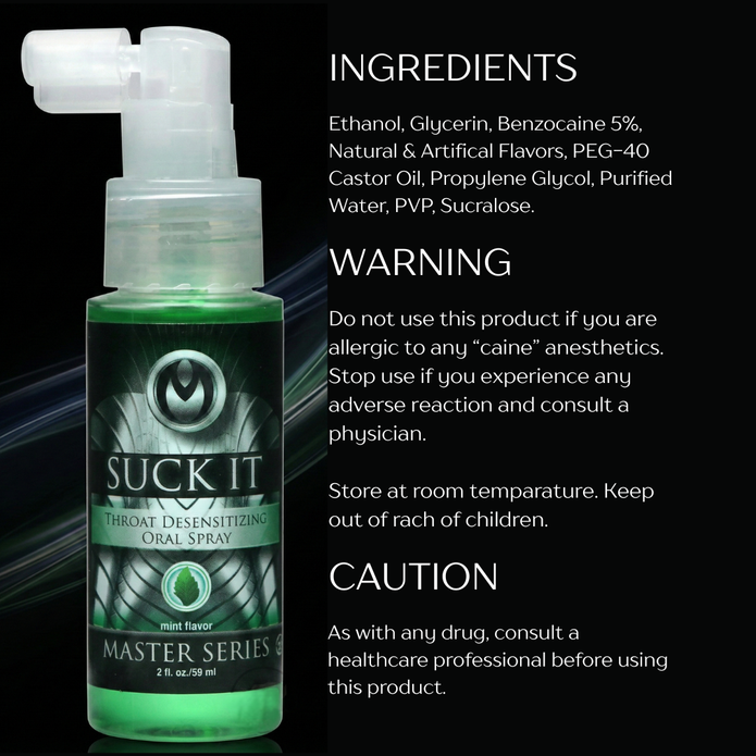 Suck It Deep Throat Desensitizing Oral Spray infographic showing mint flavor formula, ingredient list, warnings, and usage information on a 2 oz bottle