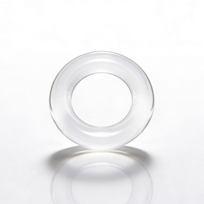 Front-facing view of the Super Stretch Universal Cock Ring featuring a clear translucent finish and smooth rounded profile for comfortable wear.