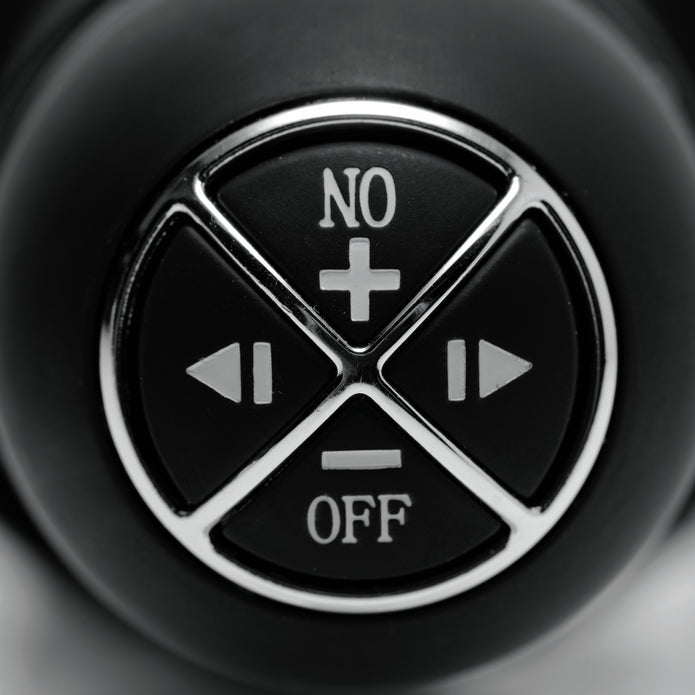 Macro image of the Violator 13 Mode XL Dildo Thruster control interface showing power, intensity adjustment, and mode selection buttons integrated into the handle.