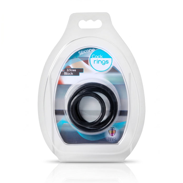 Retail packaging containing three black silicone cock rings in assorted sizes designed to provide a secure fit and enhanced intimate performance