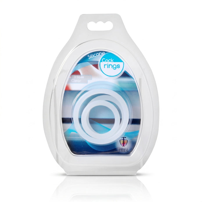 Retail packaging containing three clear silicone cock rings in different sizes designed to enhance fit, support, and stamina during intimate play