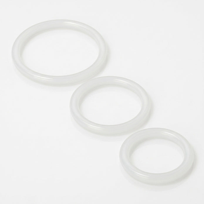Set of three clear silicone cock rings in graduated sizes made from flexible silicone for customizable comfort and performance enhancement