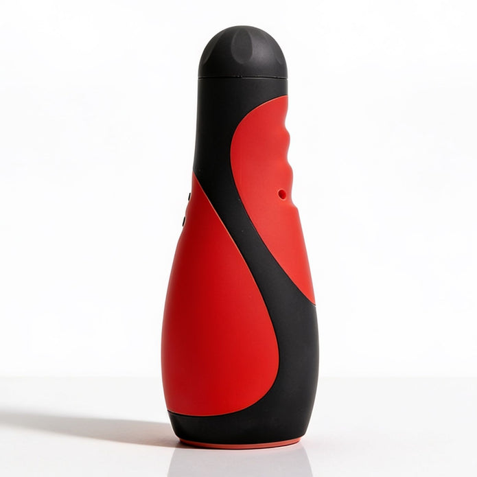 Upright product view of the Vibra Head Bionic Auto Stroker featuring a red and black ergonomic housing, rounded cap, and contoured grip design.