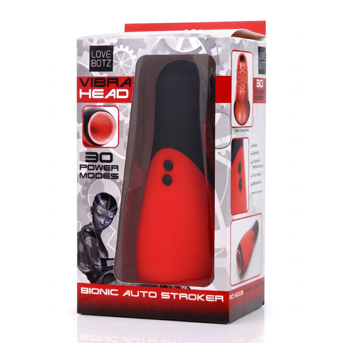 Retail packaging for the Vibra Head Bionic Auto Stroker showcasing the product through a display window with branding, feature highlights, and 30 power mode callouts.