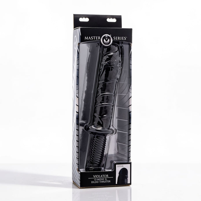 Retail package presentation of the Violator 13 Mode XL Dildo Thruster displayed inside a branded Master Series window box with product visibility and merchandising-ready packaging.
