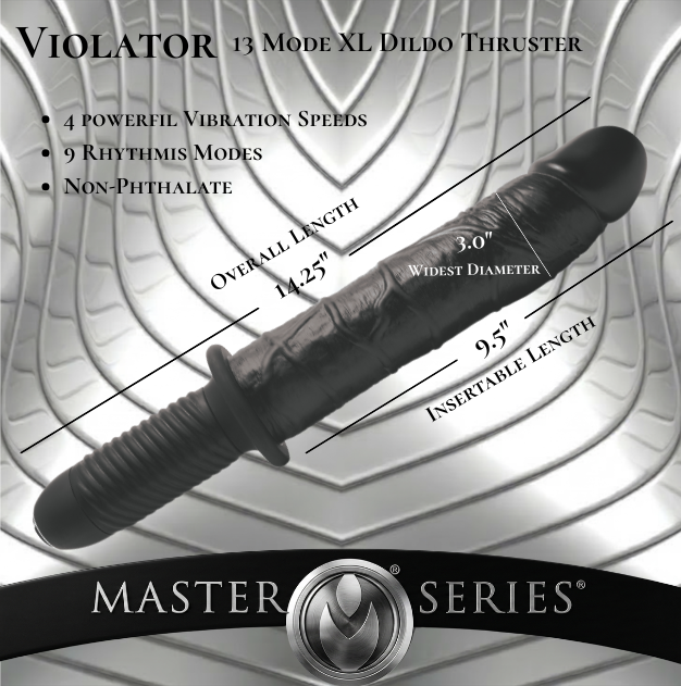 Product specification graphic for the Violator 13 Mode XL Dildo Thruster detailing overall length, insertable length, widest diameter, vibration settings, and body-safe material information.