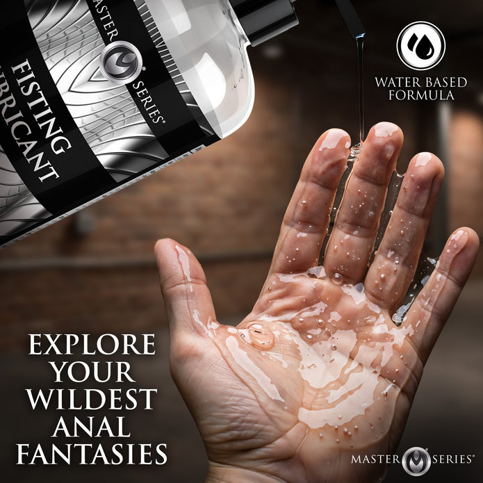 Close-up application scene featuring Master Series Fisting Lubricant 16 oz dispensing onto an open palm, highlighting the smooth, viscous consistency designed for prolonged lubrication.