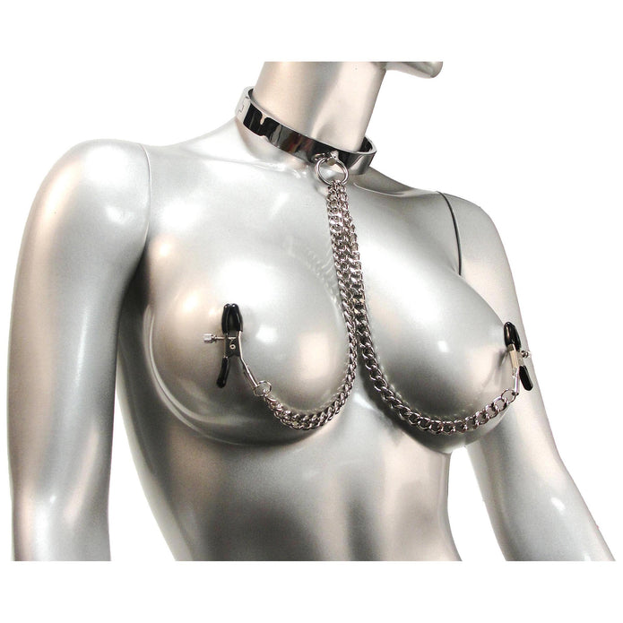 Chrome Slave Collar with Nipple Clamps - Small-Medium