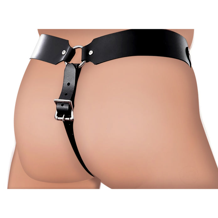 The Safety Net Leather Male Chastity Belt with Anal Plug Harness XR Brands The Safety Net Leather Male Chastity Belt with Anal Plug Harness XR Brands