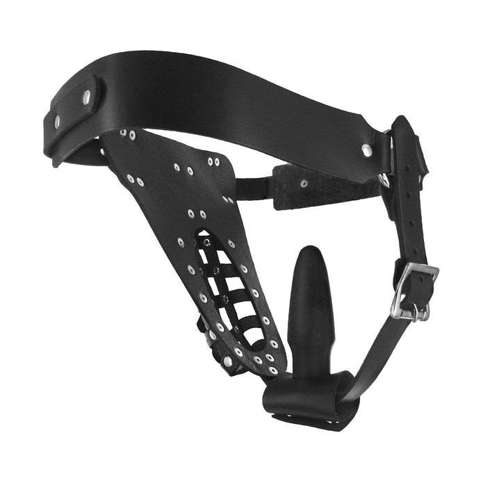 The Safety Net Leather Male Chastity Belt with Anal Plug Harness XR Brands The Safety Net Leather Male Chastity Belt with Anal Plug Harness XR Brands